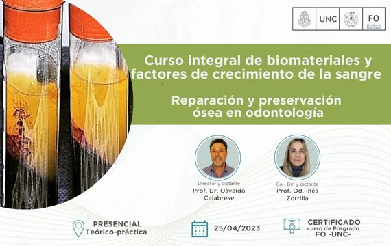 Curso integral de biomateriales y factores de crecimiento de la sangre. Reparación y preservación ósea en odontología.2023.